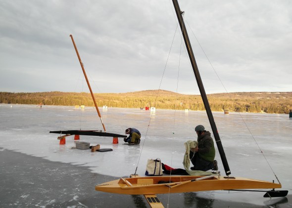 De-rigging under last light over Mt Sunapee.